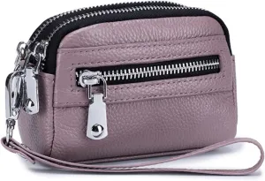 Genuine Leather Mini Wristlet Wallet for Women, 3 Zipped Coin Purse Small Pouch with Wristlet Strap (Lavender)