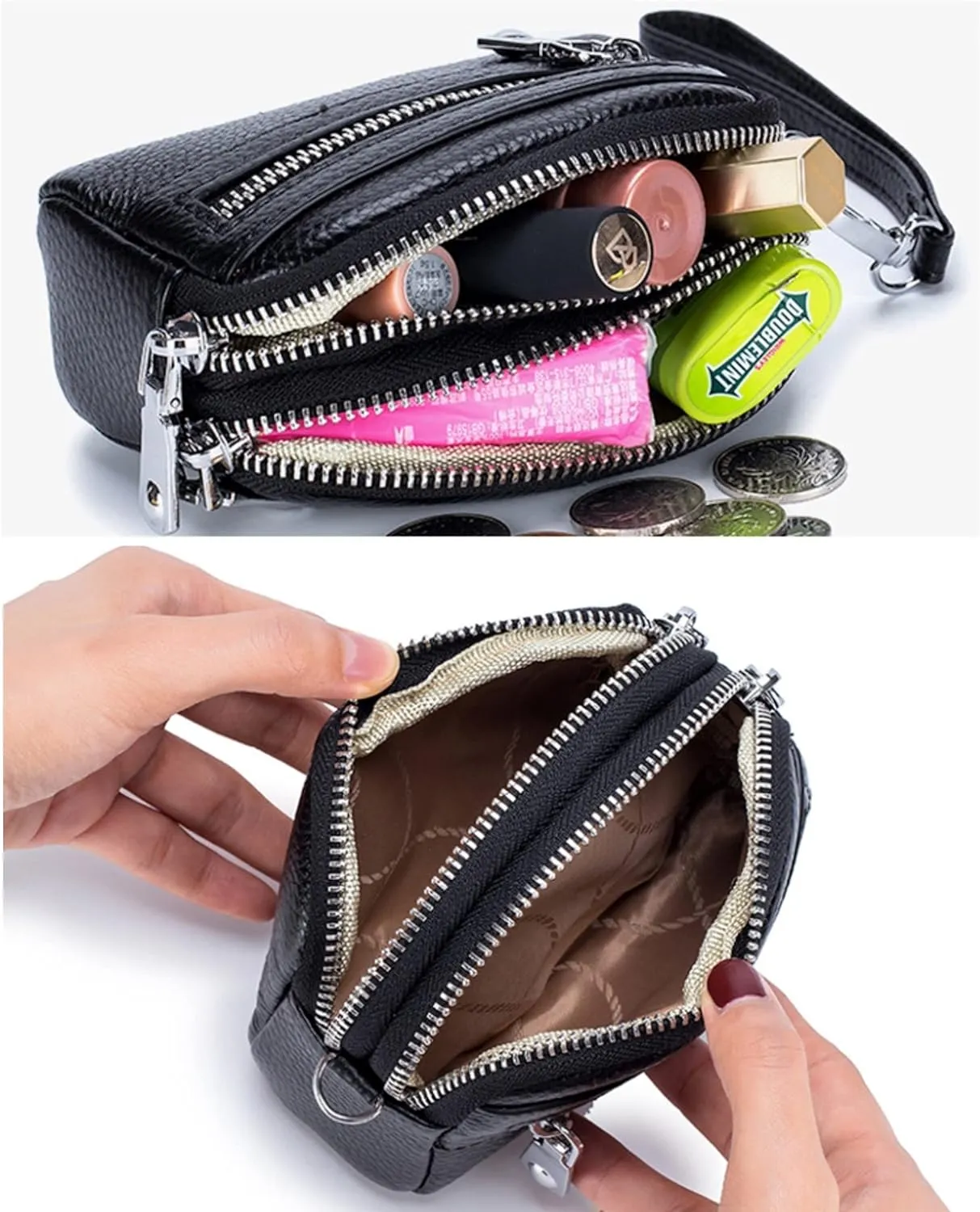 Genuine Leather Mini Wristlet Wallet for Women, 3 Zipped Coin Purse Small Pouch with Wristlet Strap (Lavender)
