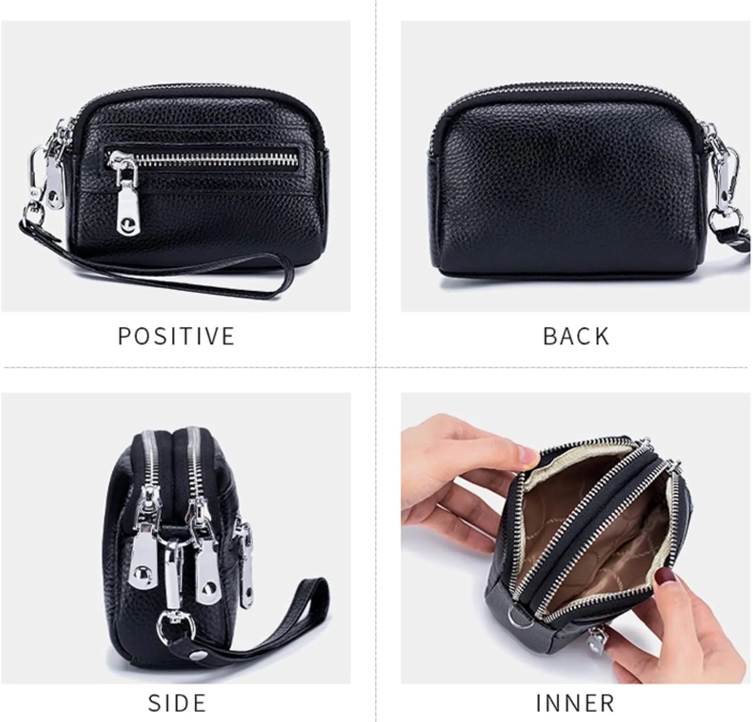 Genuine Leather Mini Wristlet Wallet for Women, 3 Zipped Coin Purse Small Pouch with Wristlet Strap (Lavender)