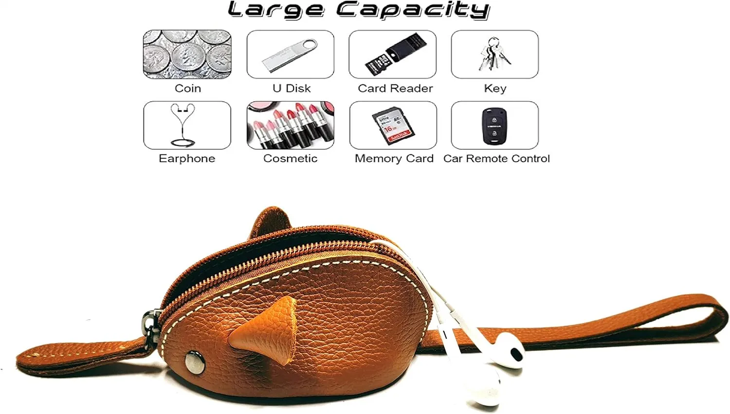 Genuine Leather Mouse Coin Purse Wallet, Womens Change Purse with Zipper, Cute Soft Leather Coin Pouch Mini Size - Christmas gift (Brown)