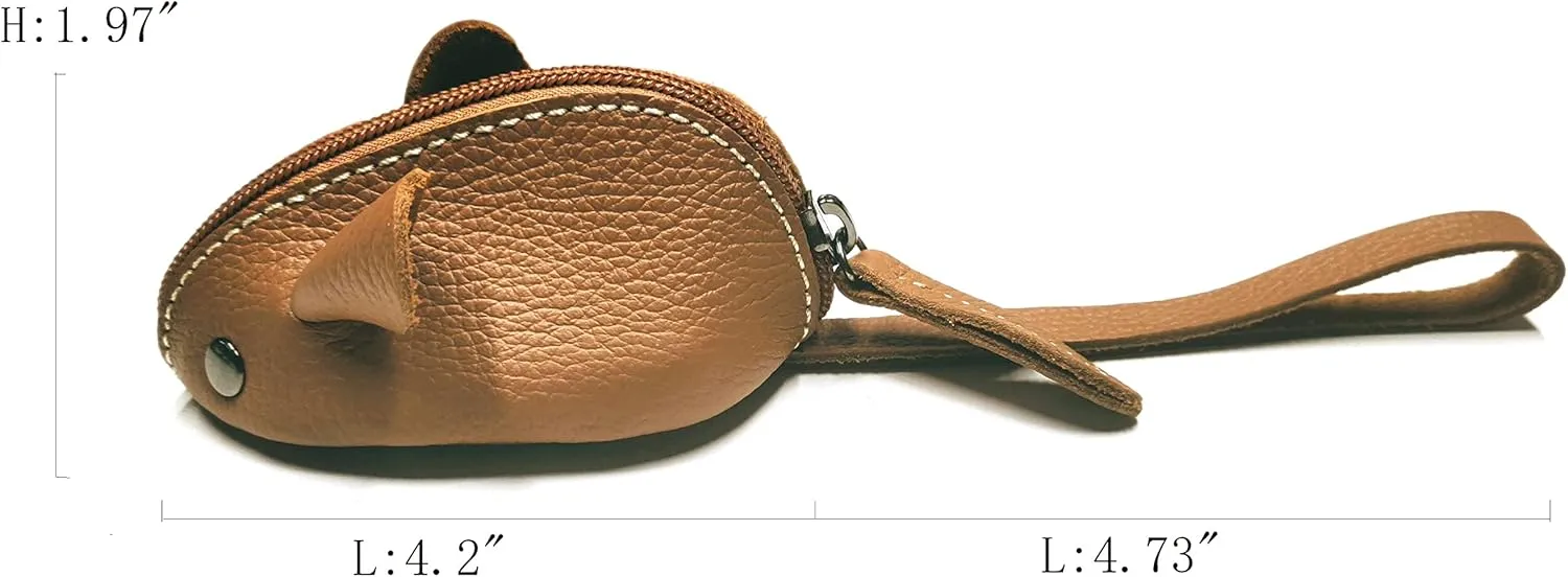 Genuine Leather Mouse Coin Purse Wallet, Womens Change Purse with Zipper, Cute Soft Leather Coin Pouch Mini Size - Christmas gift (Brown)