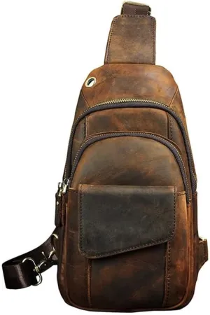 Genuine Leather Sling Backpack for Men Shoulder Chest Outdoor Travel Hiking Vintage Casual Crossbody Daypack