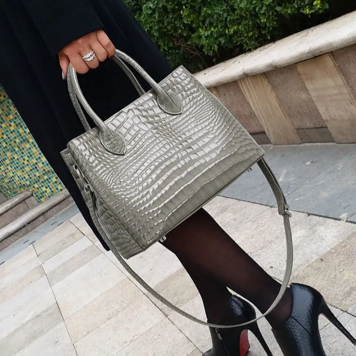 Genuine leather tote bag - crocodile pattern handbag with large capacity