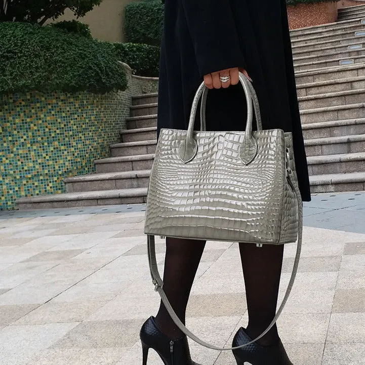 Genuine leather tote bag - crocodile pattern handbag with large capacity