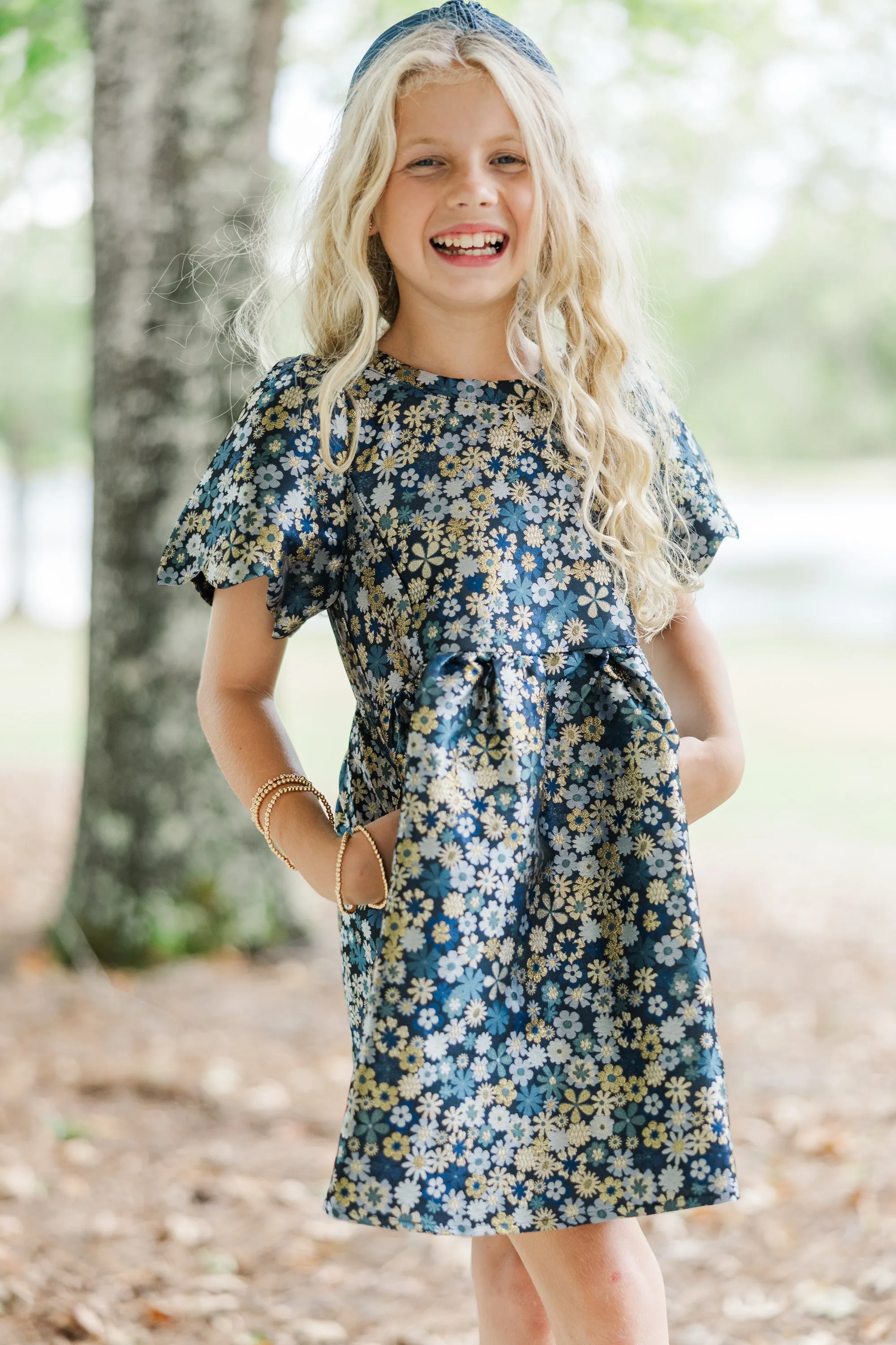 Girls: The Taylor Navy Blue Floral Brocade Dress