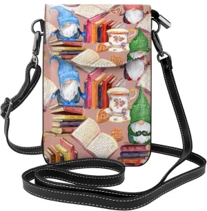 Gnomes Books Tea Cups Print Small Crossbody Bags for Women Leather Cell Phone Purses Mini Leather Shoulder Handbag Adjustable Strap