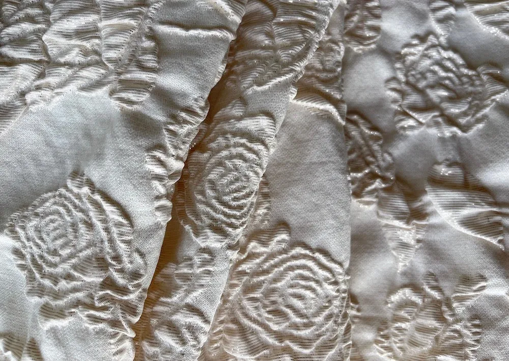 Gold Dusted Rose Blooms Stretch Polyester Blend Brocade
