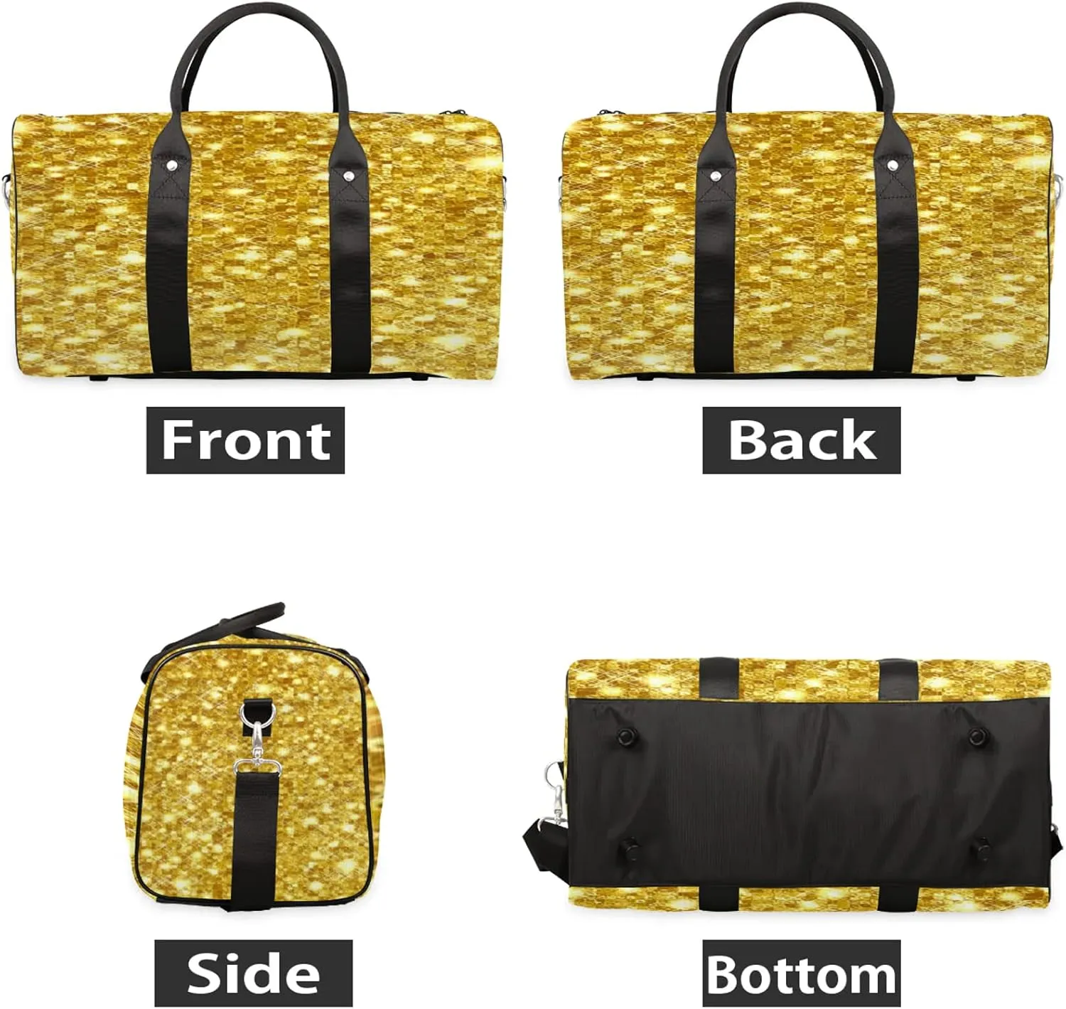 Gold Glitters Print Travel Duffle Bag for Women Men, Carry On Overnight Bag, Weekend Travel Duffel Tote Bags for Trips Sport Hospital