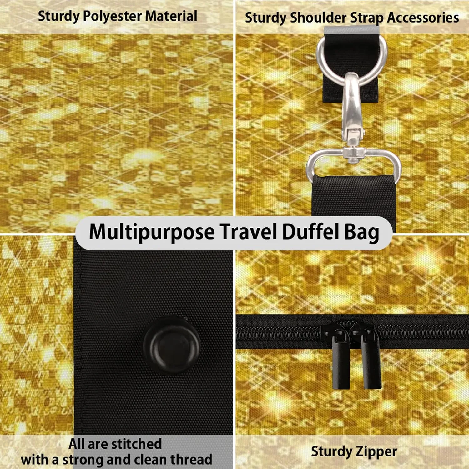 Gold Glitters Print Travel Duffle Bag for Women Men, Carry On Overnight Bag, Weekend Travel Duffel Tote Bags for Trips Sport Hospital
