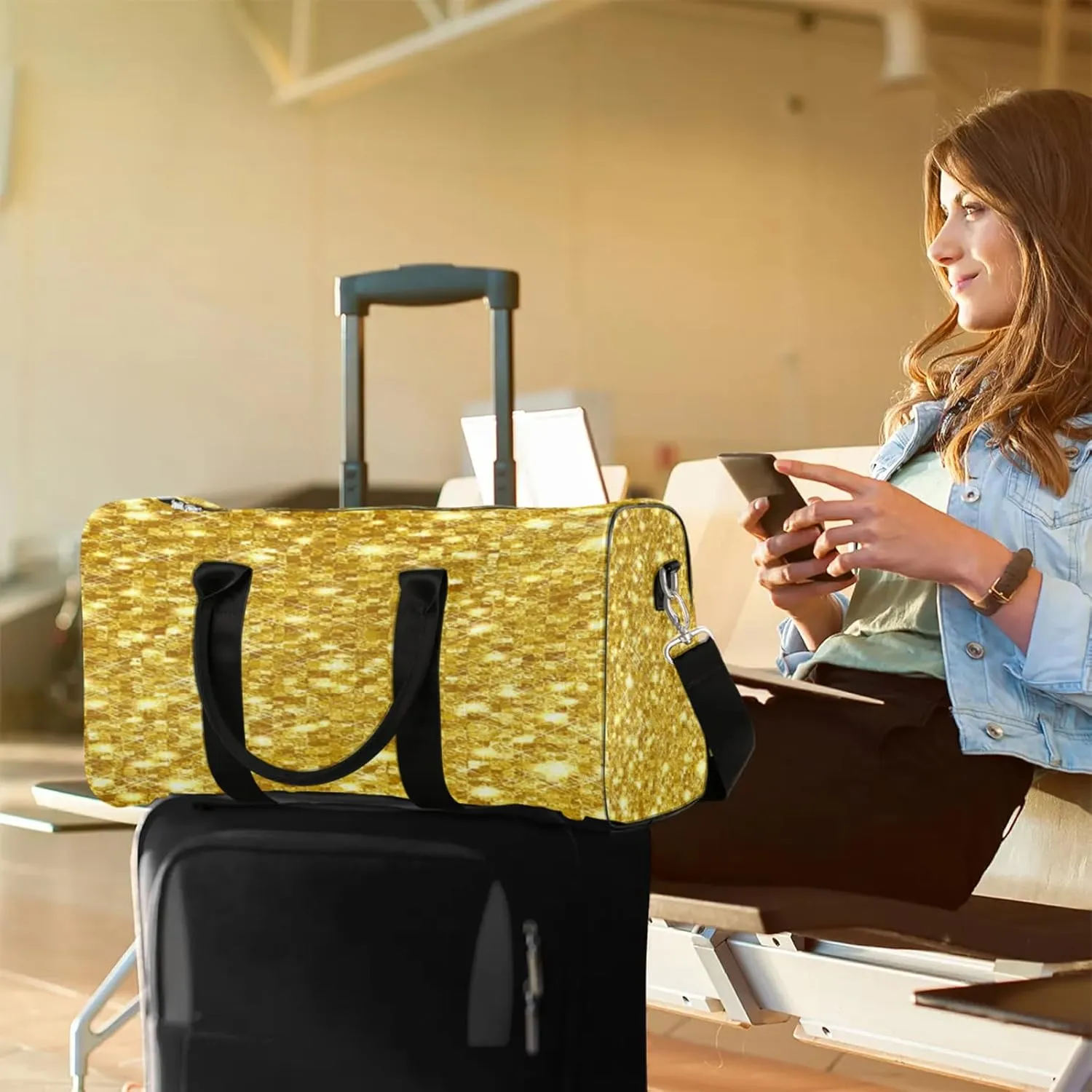 Gold Glitters Print Travel Duffle Bag for Women Men, Carry On Overnight Bag, Weekend Travel Duffel Tote Bags for Trips Sport Hospital