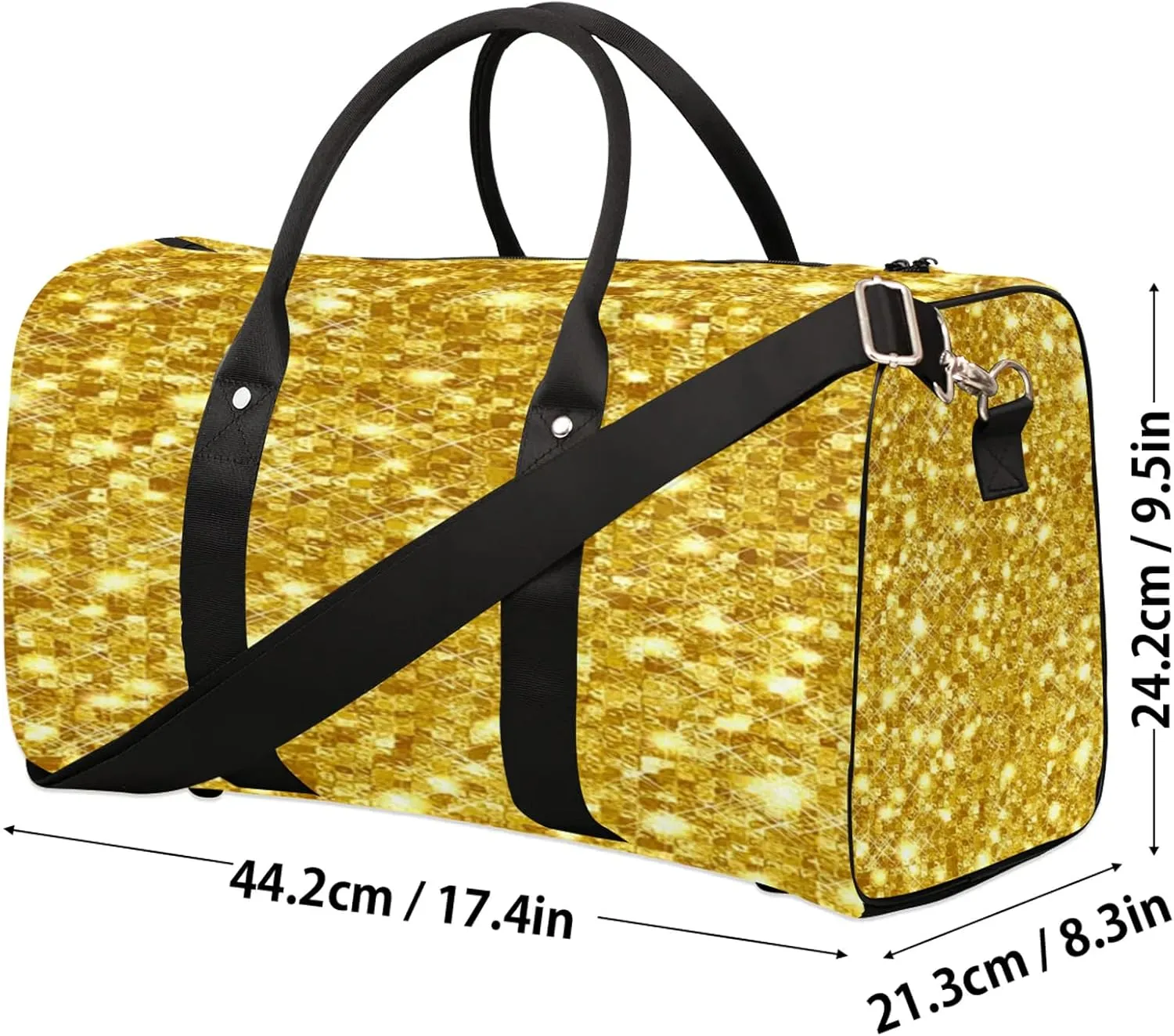 Gold Glitters Print Travel Duffle Bag for Women Men, Carry On Overnight Bag, Weekend Travel Duffel Tote Bags for Trips Sport Hospital