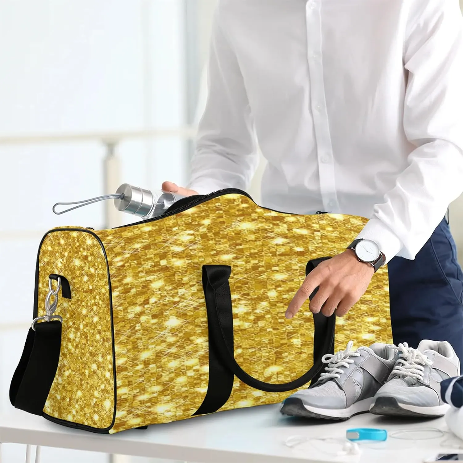 Gold Glitters Print Travel Duffle Bag for Women Men, Carry On Overnight Bag, Weekend Travel Duffel Tote Bags for Trips Sport Hospital