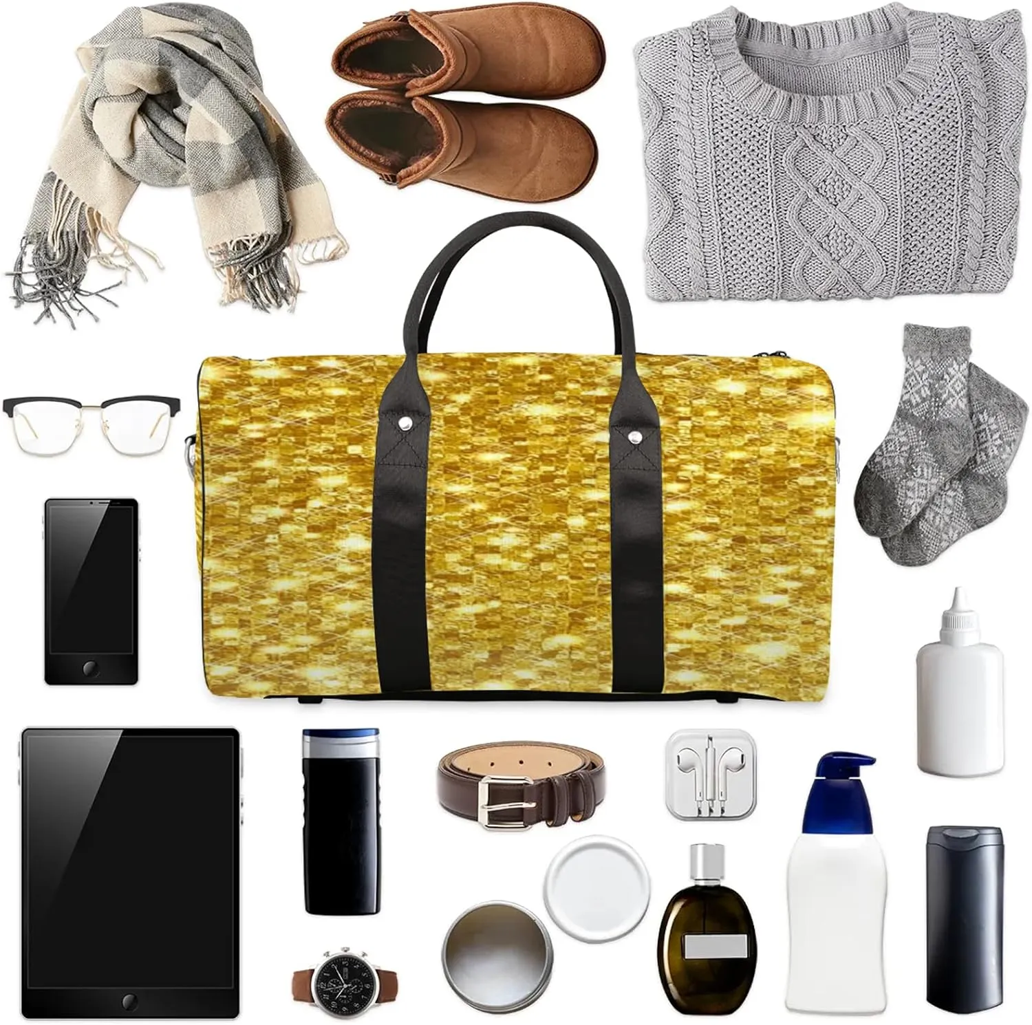 Gold Glitters Print Travel Duffle Bag for Women Men, Carry On Overnight Bag, Weekend Travel Duffel Tote Bags for Trips Sport Hospital