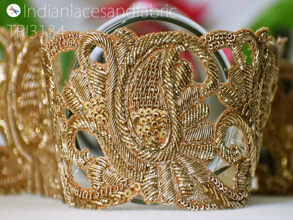 Gold Paisley 9 yard Zardozi Trim Wholesale Handcrafted Indian Saree Border Lehenga Costume Embellishment Decorate Clutch Christmas DIY Craft