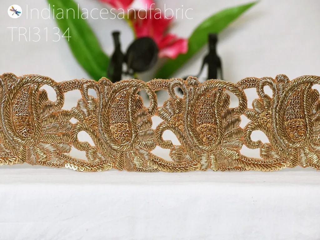 Gold Paisley 9 yard Zardozi Trim Wholesale Handcrafted Indian Saree Border Lehenga Costume Embellishment Decorate Clutch Christmas DIY Craft