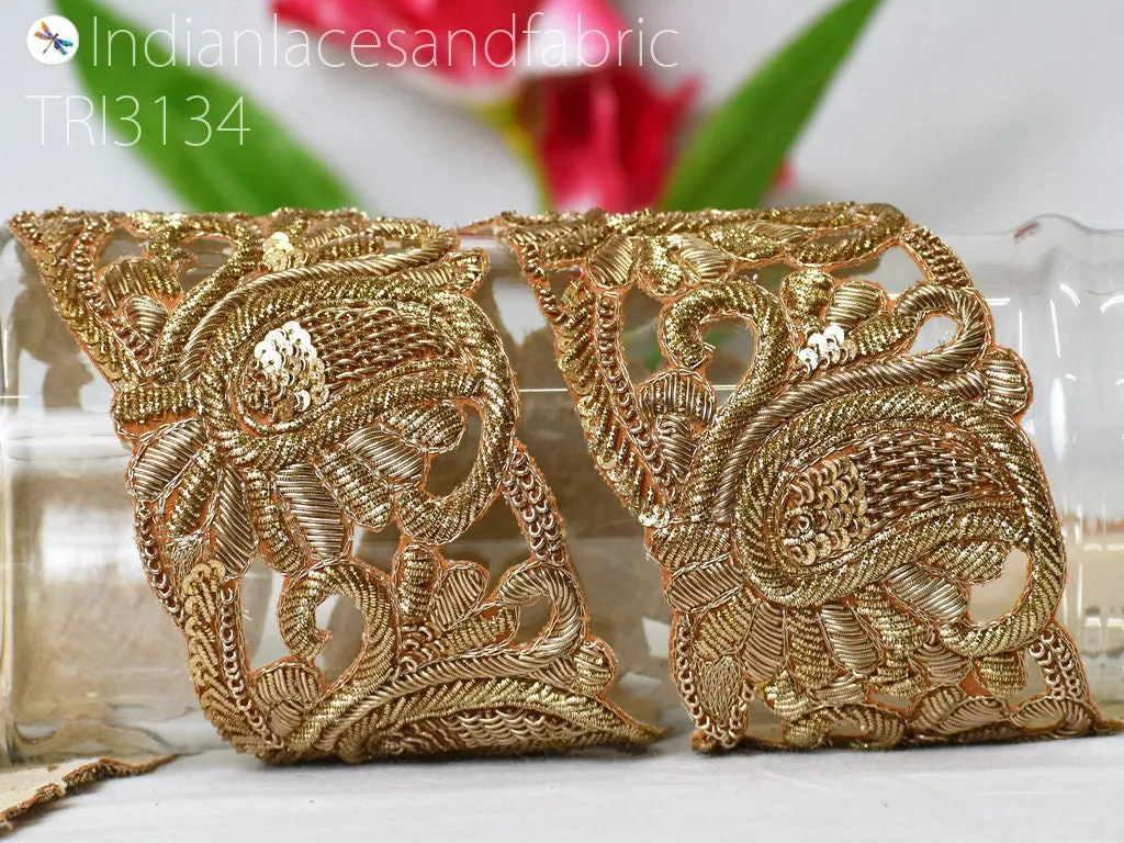 Gold Paisley 9 yard Zardozi Trim Wholesale Handcrafted Indian Saree Border Lehenga Costume Embellishment Decorate Clutch Christmas DIY Craft