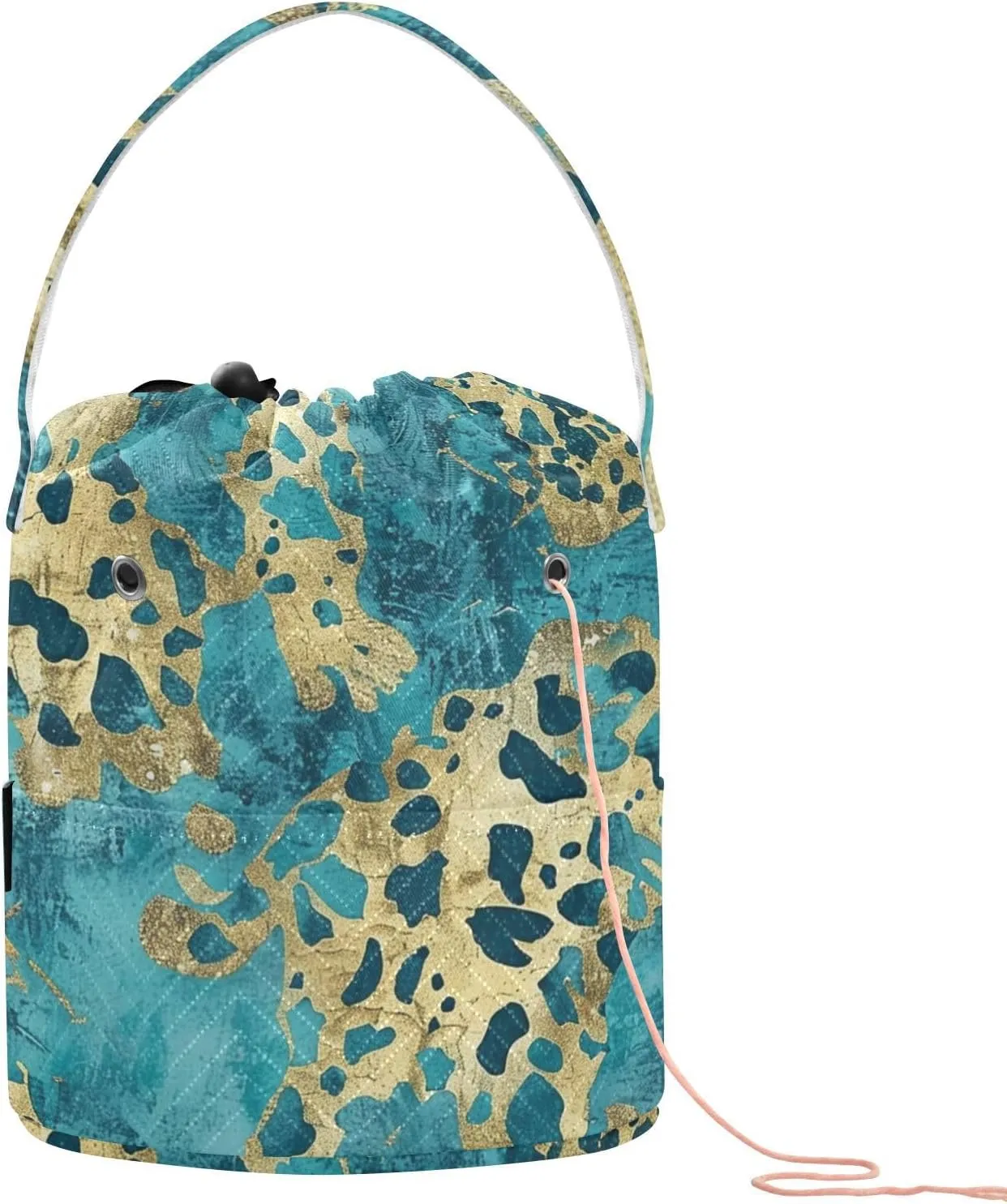 Golden Blue Leopard Print Yarn Storage Bag Crochet Bag Organizer with Holes Travel Bag for Knitting Needles Craft Storage