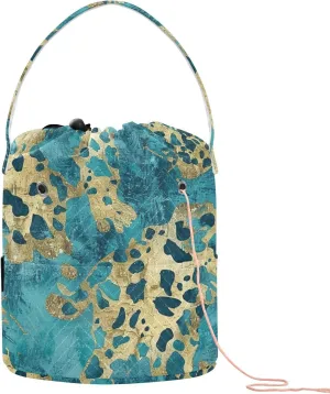 Golden Blue Leopard Print Yarn Storage Bag Crochet Bag Organizer with Holes Travel Bag for Knitting Needles Craft Storage