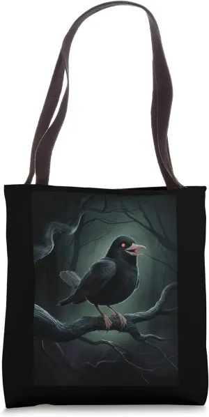 Gothic Crow Perched On Branch In Eerie Forest Art Print Tote Bag