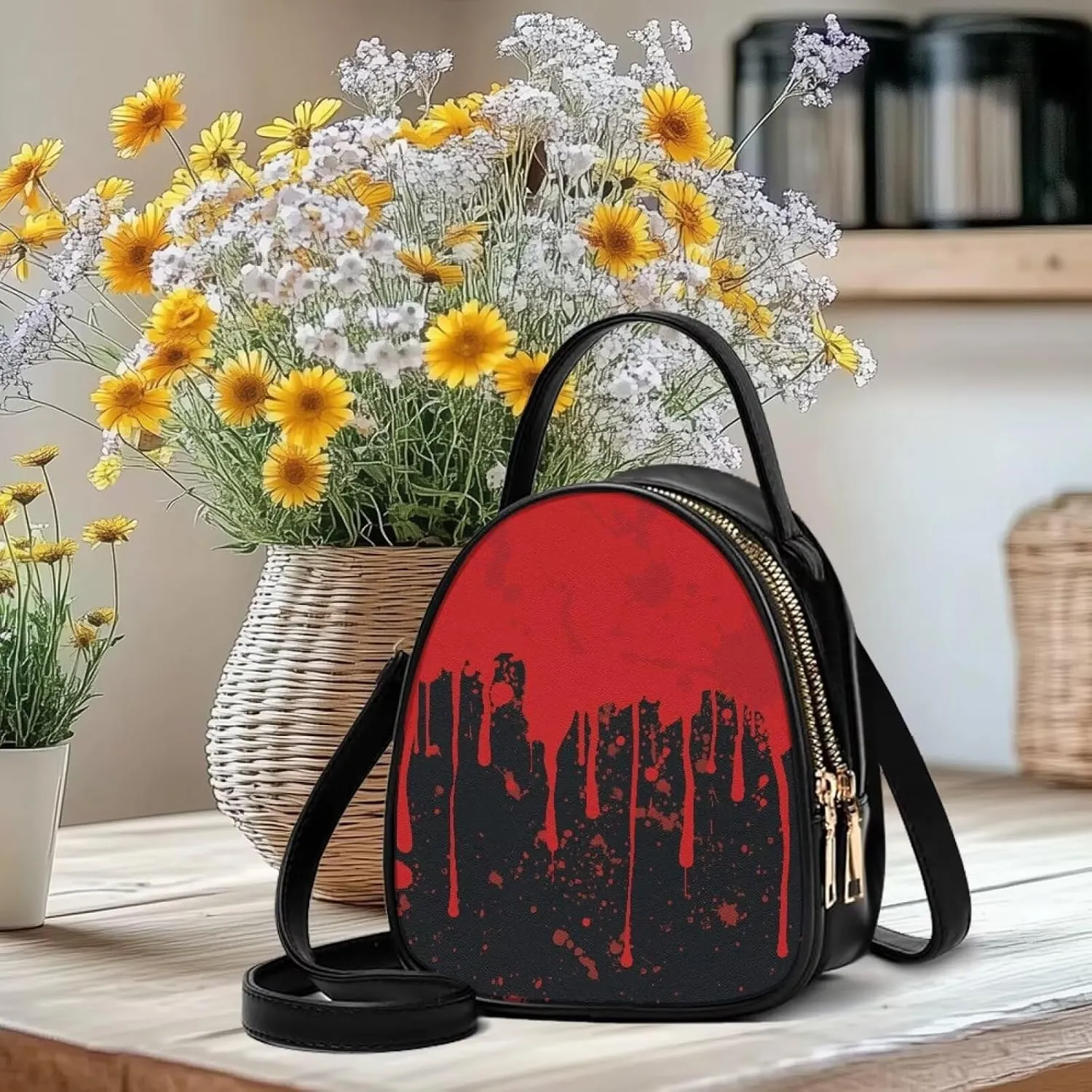 Gothic Small Crossbody Bags for Women, Mini PU Leather Cell Phone Purse Zip Shoulder Handbags Adjustable Straps