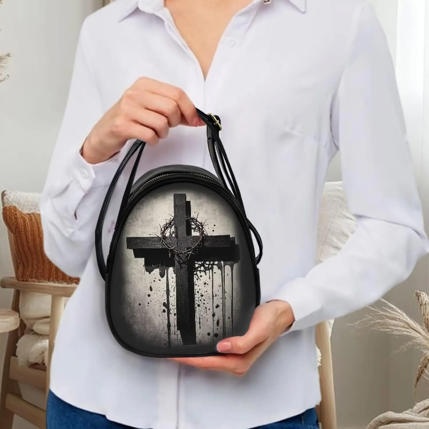 Gothic Small Crossbody Bags for Women, Mini PU Leather Cell Phone Purse Zip Shoulder Handbags Adjustable Straps