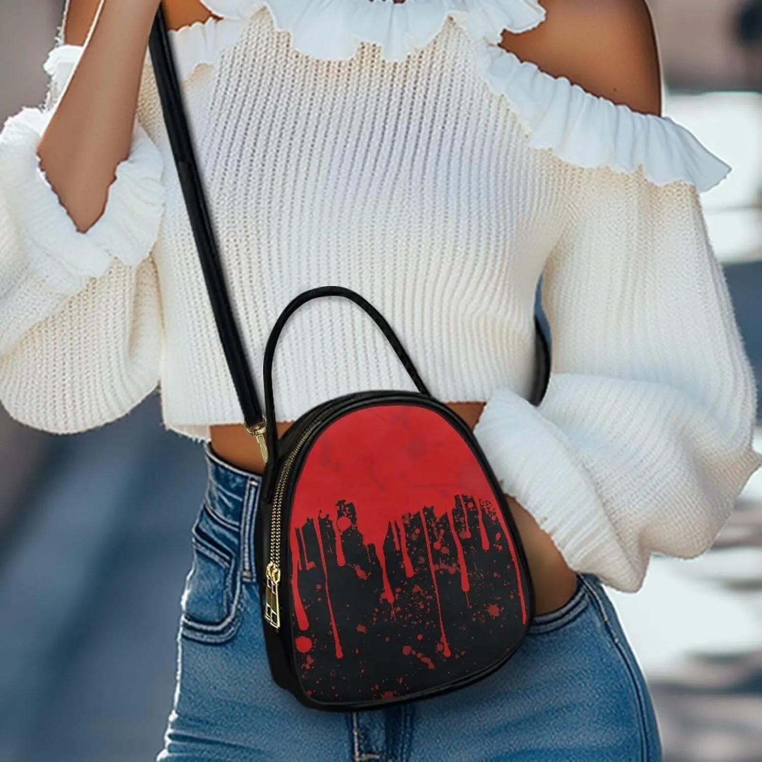 Gothic Small Crossbody Bags for Women, Mini PU Leather Cell Phone Purse Zip Shoulder Handbags Adjustable Straps
