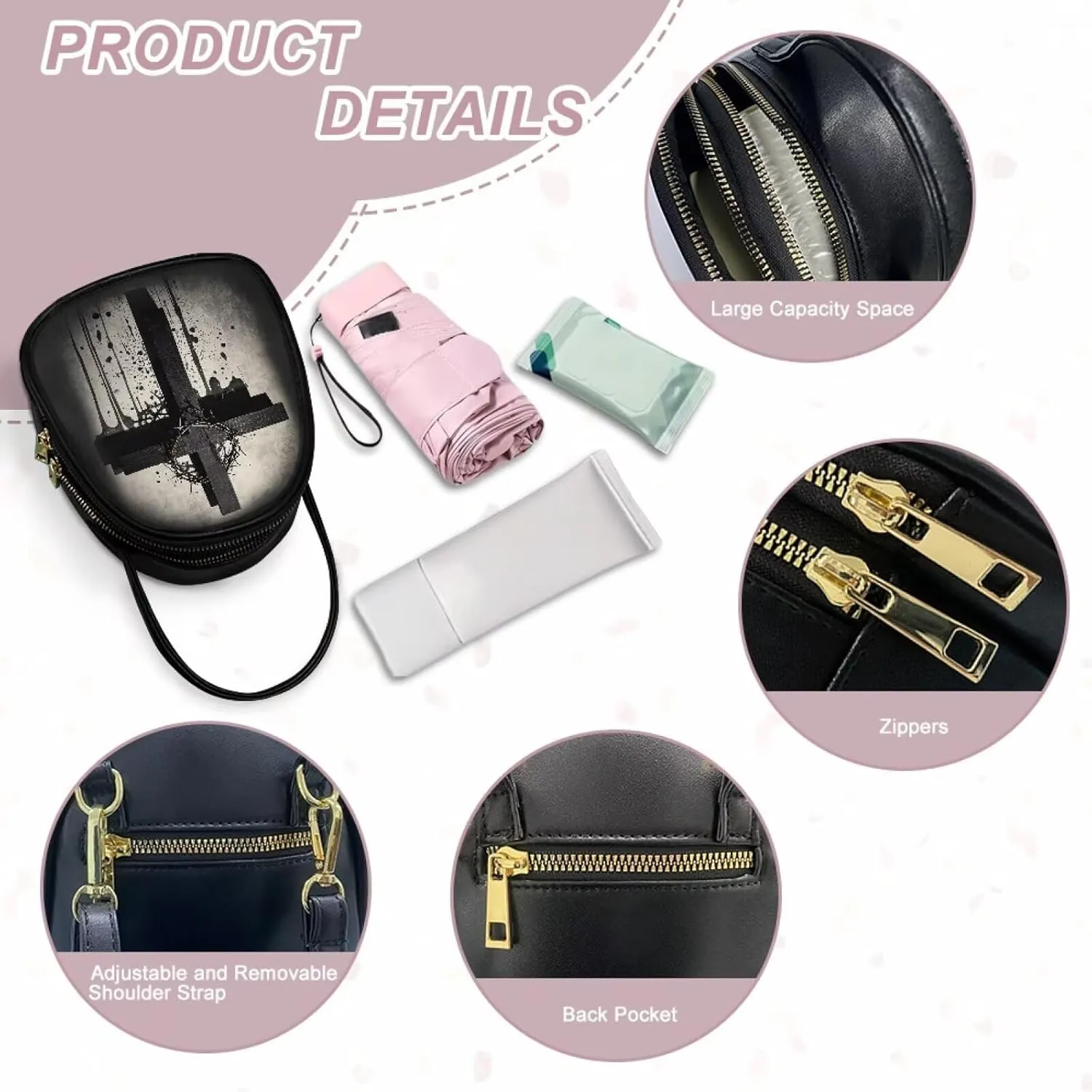 Gothic Small Crossbody Bags for Women, Mini PU Leather Cell Phone Purse Zip Shoulder Handbags Adjustable Straps