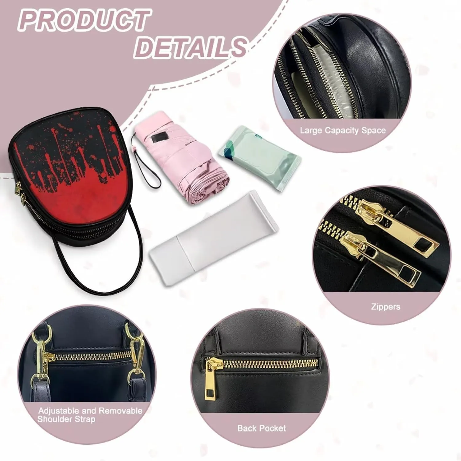 Gothic Small Crossbody Bags for Women, Mini PU Leather Cell Phone Purse Zip Shoulder Handbags Adjustable Straps