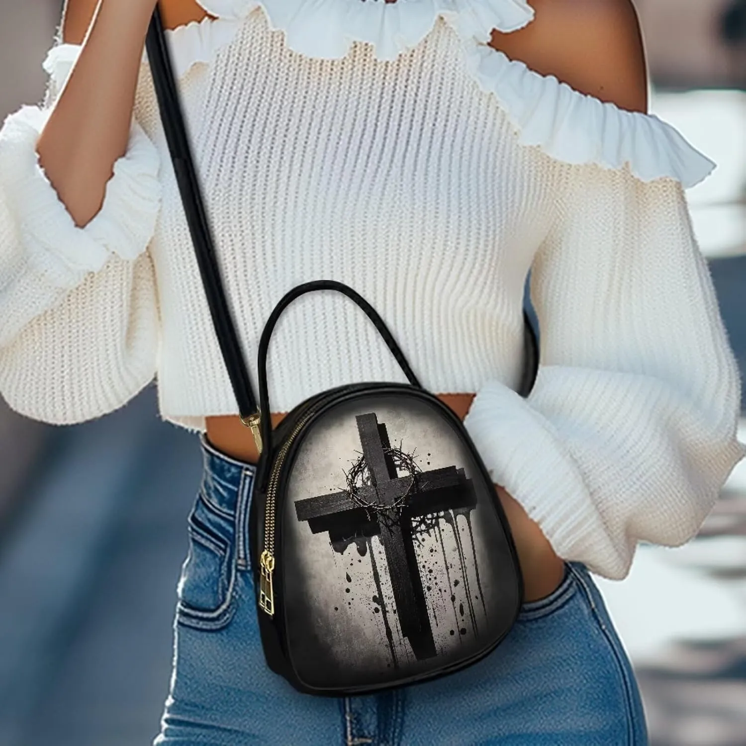 Gothic Small Crossbody Bags for Women, Mini PU Leather Cell Phone Purse Zip Shoulder Handbags Adjustable Straps