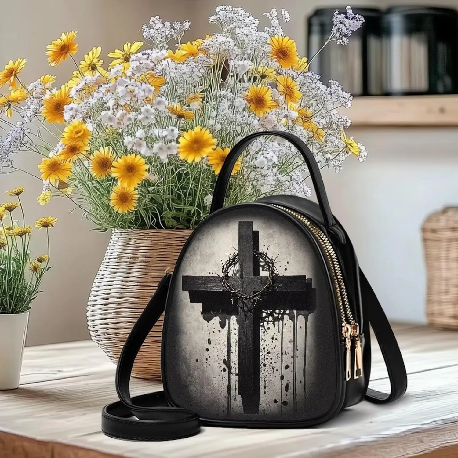 Gothic Small Crossbody Bags for Women, Mini PU Leather Cell Phone Purse Zip Shoulder Handbags Adjustable Straps