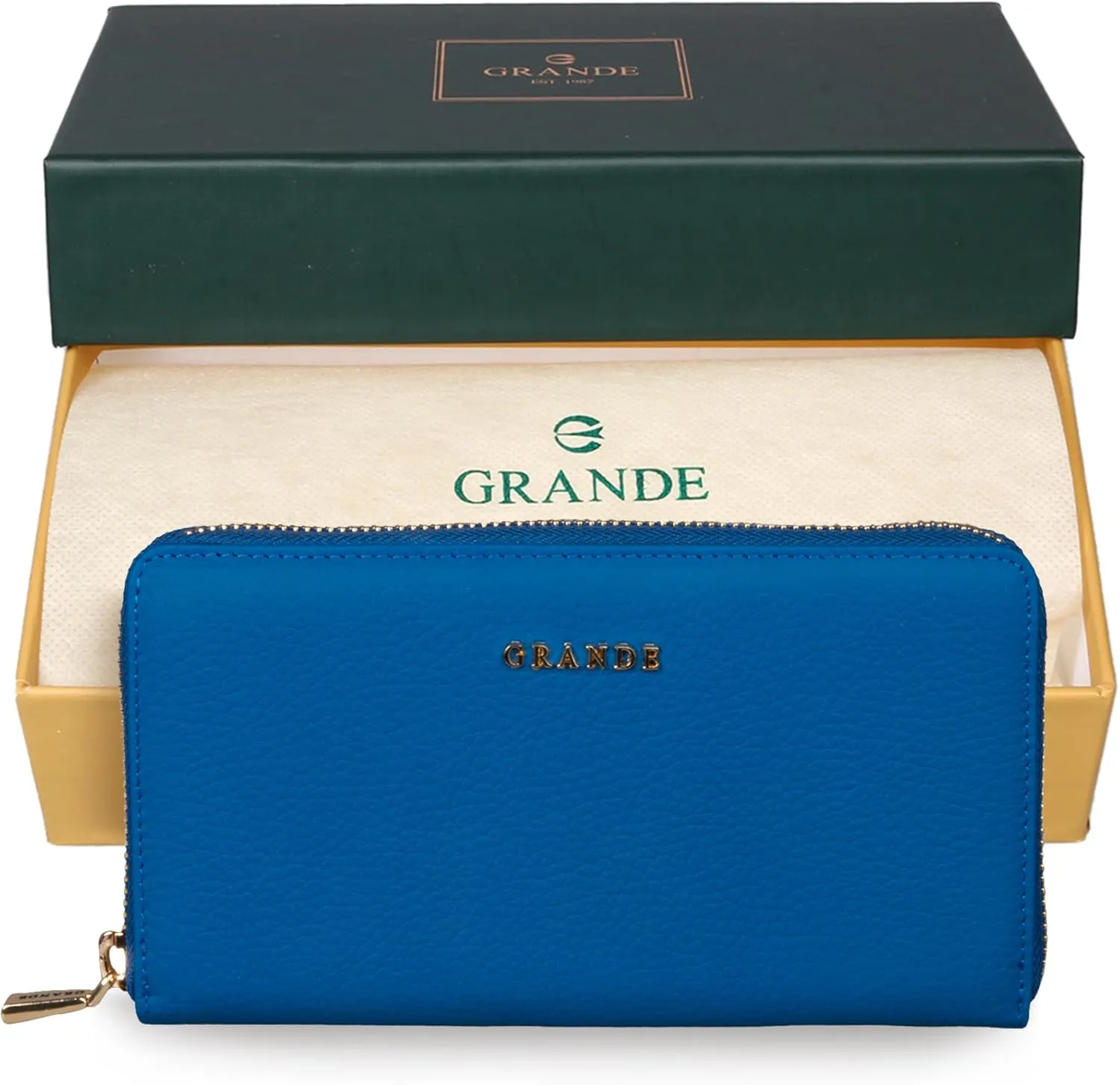 grande 2700 Genuine Leather Zip Around Continental Women Wallet Ladies Zippered Mini Purse - Blue