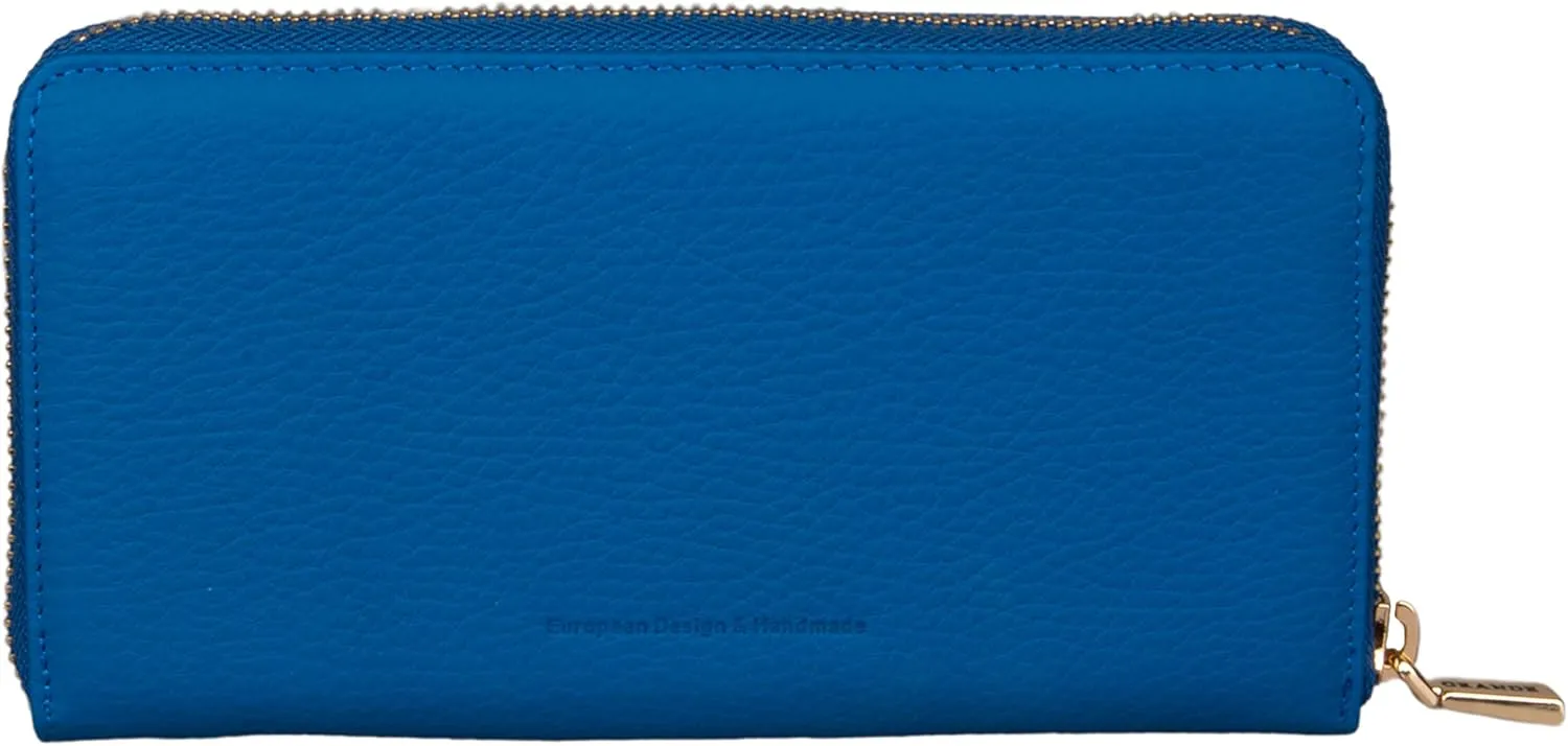 grande 2700 Genuine Leather Zip Around Continental Women Wallet Ladies Zippered Mini Purse - Blue