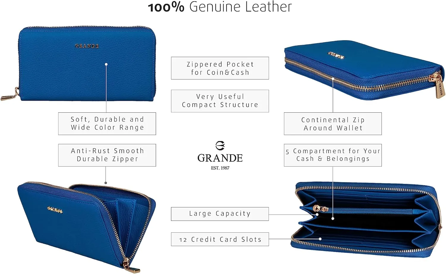 grande 2700 Genuine Leather Zip Around Continental Women Wallet Ladies Zippered Mini Purse - Blue