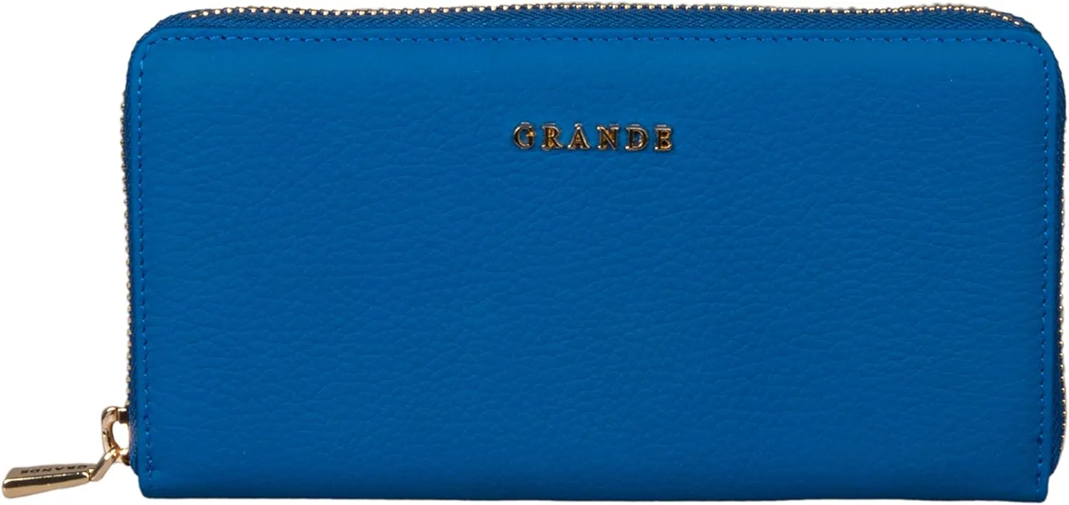 grande 2700 Genuine Leather Zip Around Continental Women Wallet Ladies Zippered Mini Purse - Blue