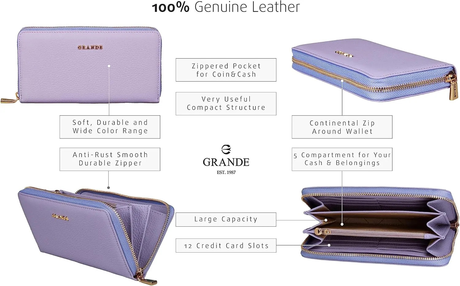 grande 2700 Genuine Leather Zip Around Continental Women Wallet Ladies Zippered Mini Purse - Lilac