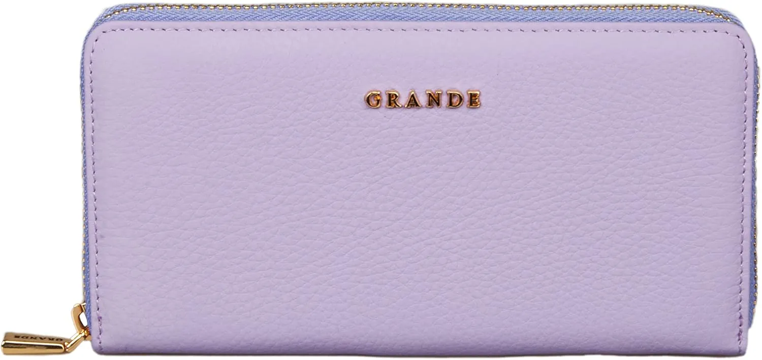 grande 2700 Genuine Leather Zip Around Continental Women Wallet Ladies Zippered Mini Purse - Lilac