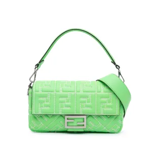 Green Fendi Zucca Embossed Stitched Leather Baguette Satchel