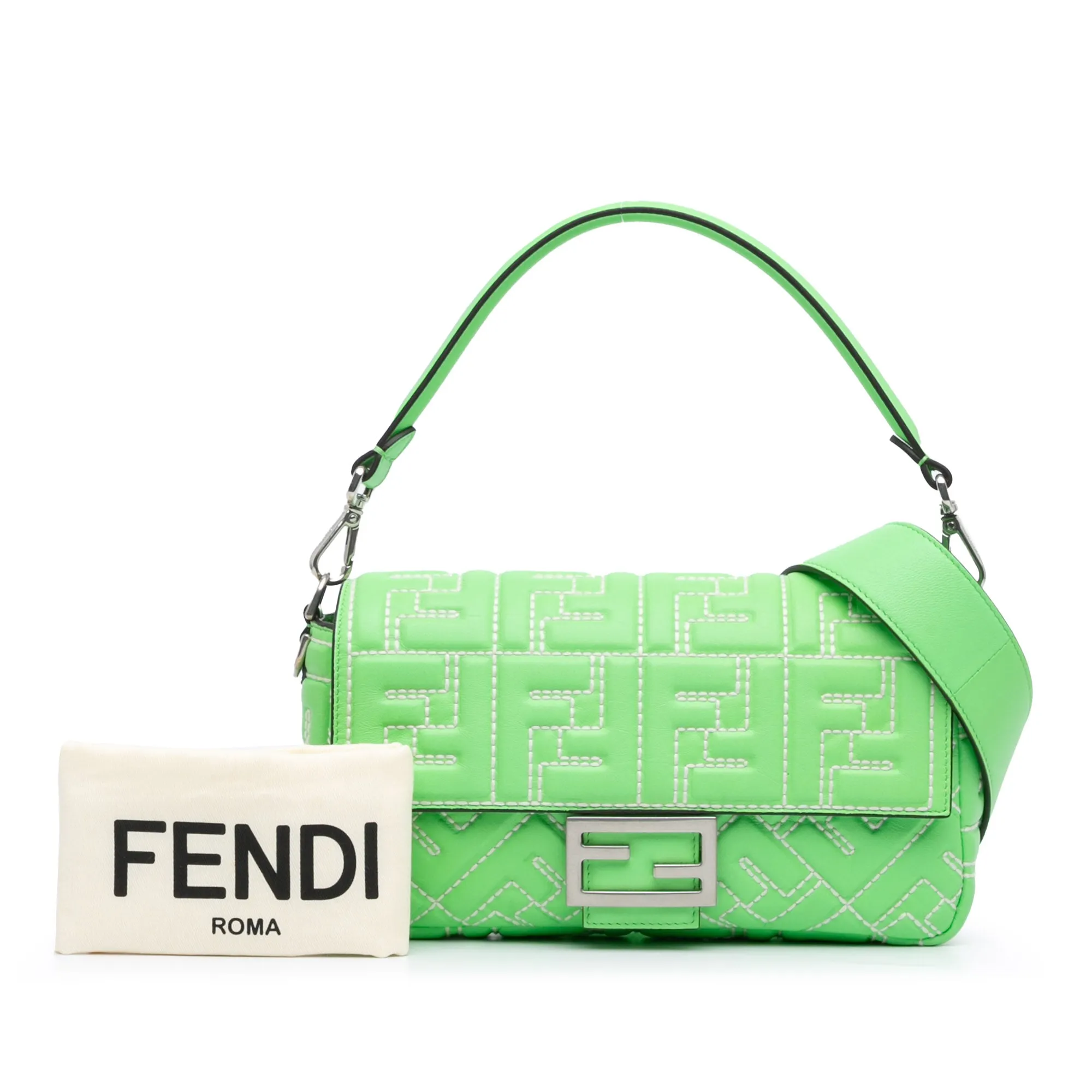 Green Fendi Zucca Embossed Stitched Leather Baguette Satchel