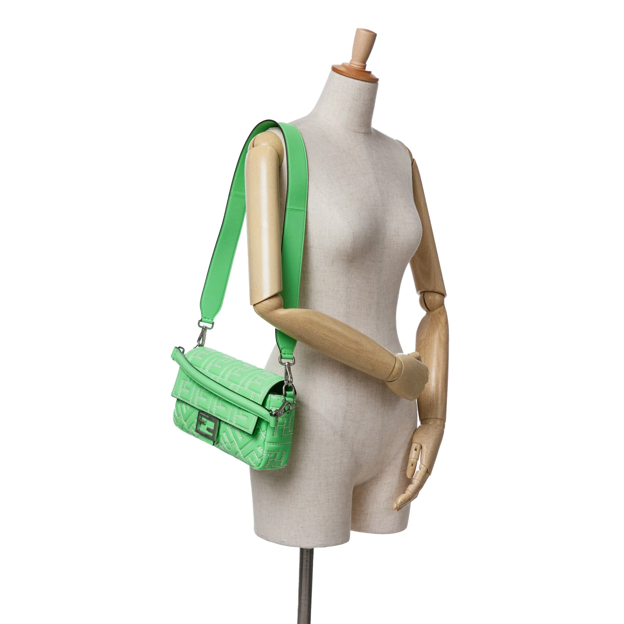 Green Fendi Zucca Embossed Stitched Leather Baguette Satchel