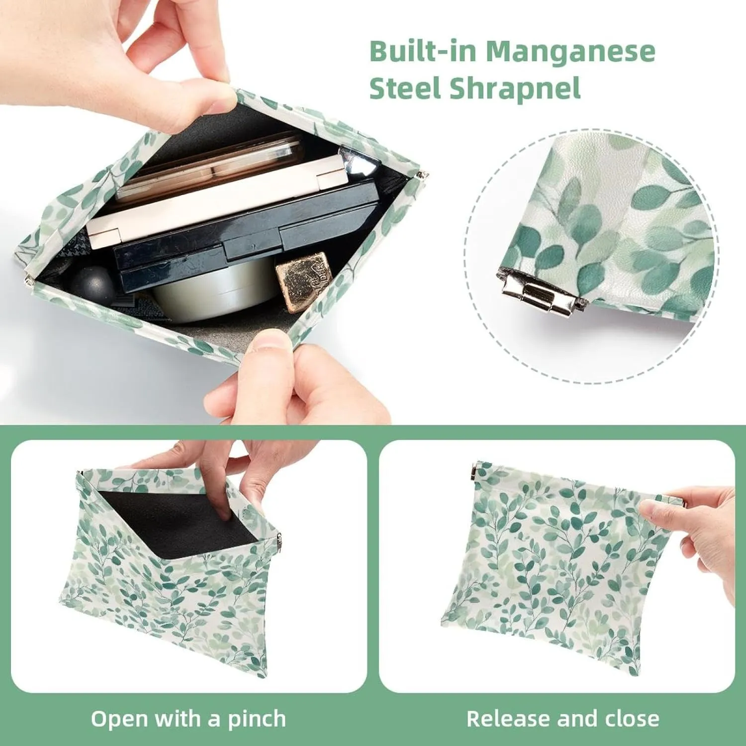 Green Gray Sage Leaves and Plants Pocket Cosmetic Bag, Waterproof Squeeze Makeup Bag No Zipper Self-Closing, Portable Mini Travel Storage for Headphones Jewelry
