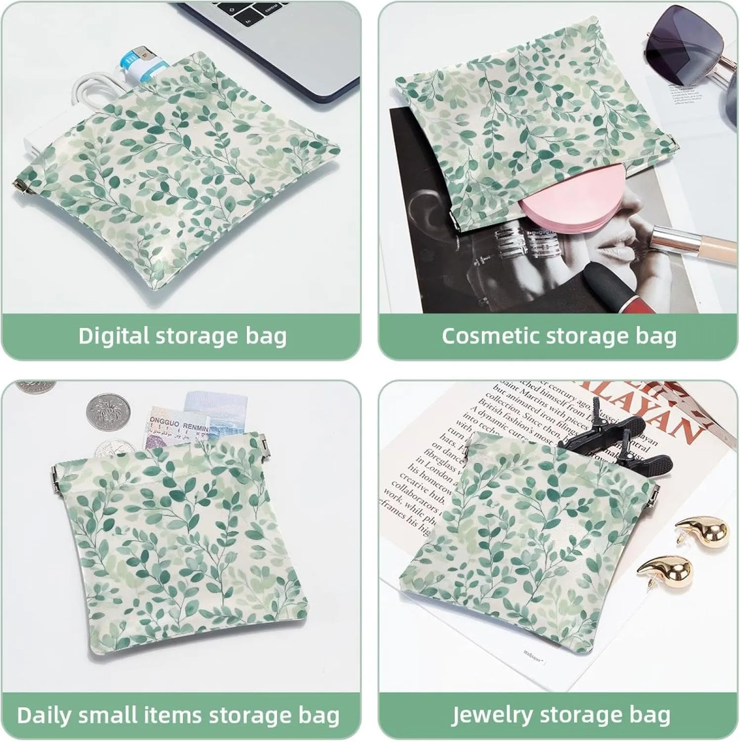 Green Gray Sage Leaves and Plants Pocket Cosmetic Bag, Waterproof Squeeze Makeup Bag No Zipper Self-Closing, Portable Mini Travel Storage for Headphones Jewelry