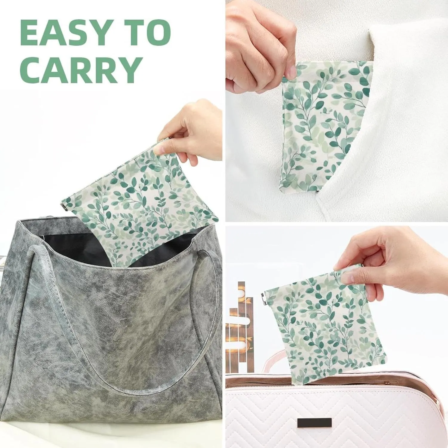 Green Gray Sage Leaves and Plants Pocket Cosmetic Bag, Waterproof Squeeze Makeup Bag No Zipper Self-Closing, Portable Mini Travel Storage for Headphones Jewelry