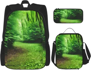 Green Nature Print Practicality Bag Casual Fashion Backpack Lunch Bag Pencil Case Camping Gear Bags
