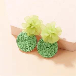 Green Raffia Flower Drop Earrings