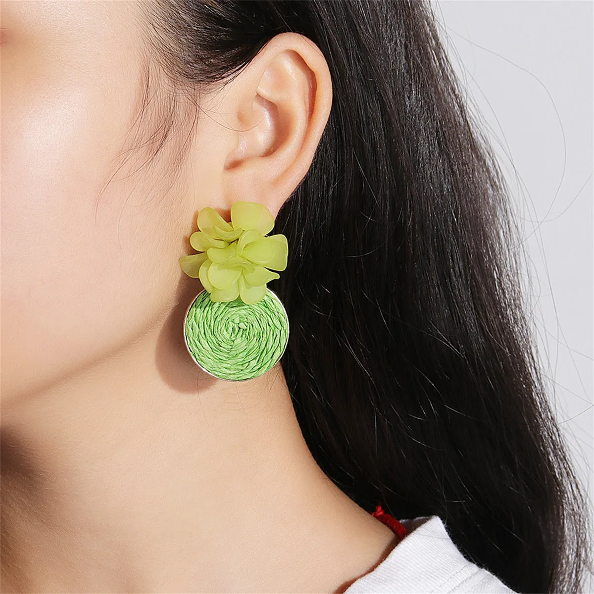 Green Raffia Flower Drop Earrings