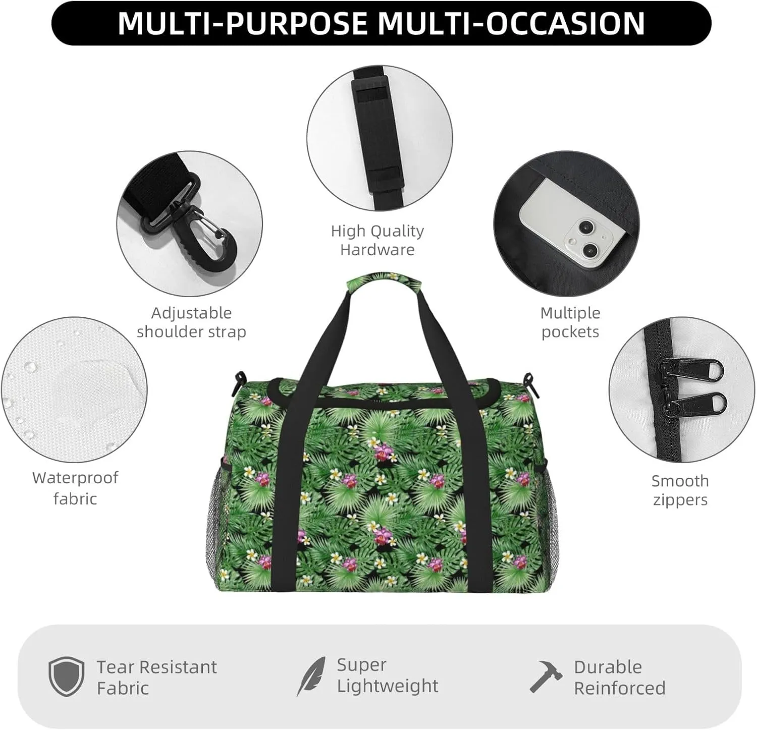 Green Summer Tropical Palm Leaves Pink Flowers Travel Weekender Overnight Bags Foldable Hand Travel Bag Sport Gym Duffel Bag For Men Women