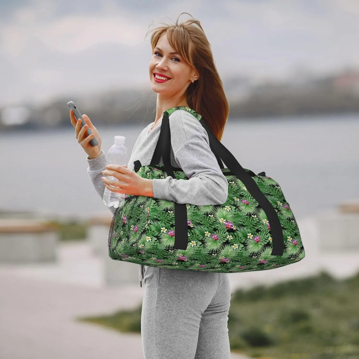 Green Summer Tropical Palm Leaves Pink Flowers Travel Weekender Overnight Bags Foldable Hand Travel Bag Sport Gym Duffel Bag For Men Women