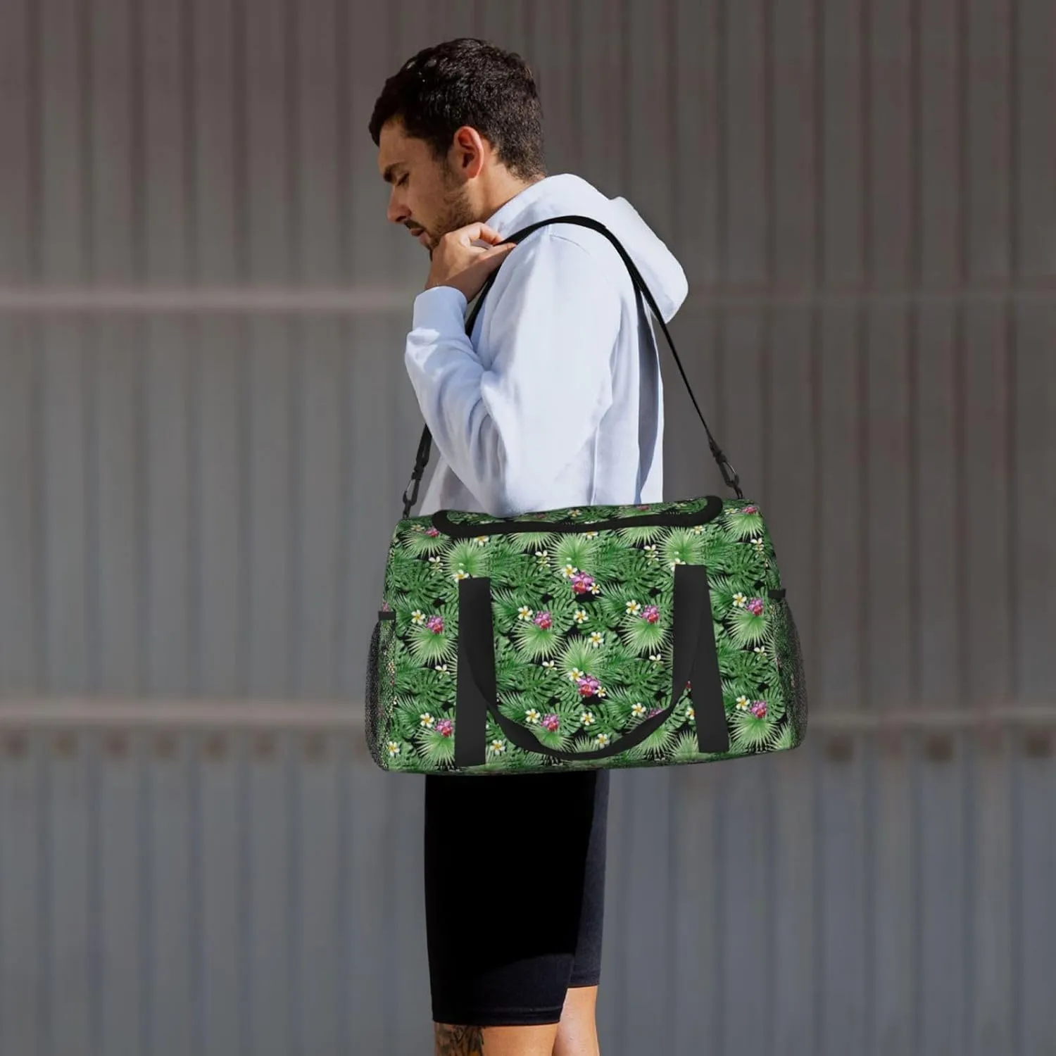 Green Summer Tropical Palm Leaves Pink Flowers Travel Weekender Overnight Bags Foldable Hand Travel Bag Sport Gym Duffel Bag For Men Women