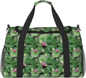 Green Summer Tropical Palm Leaves Pink Flowers Travel Weekender Overnight Bags Foldable Hand Travel Bag Sport Gym Duffel Bag For Men Women