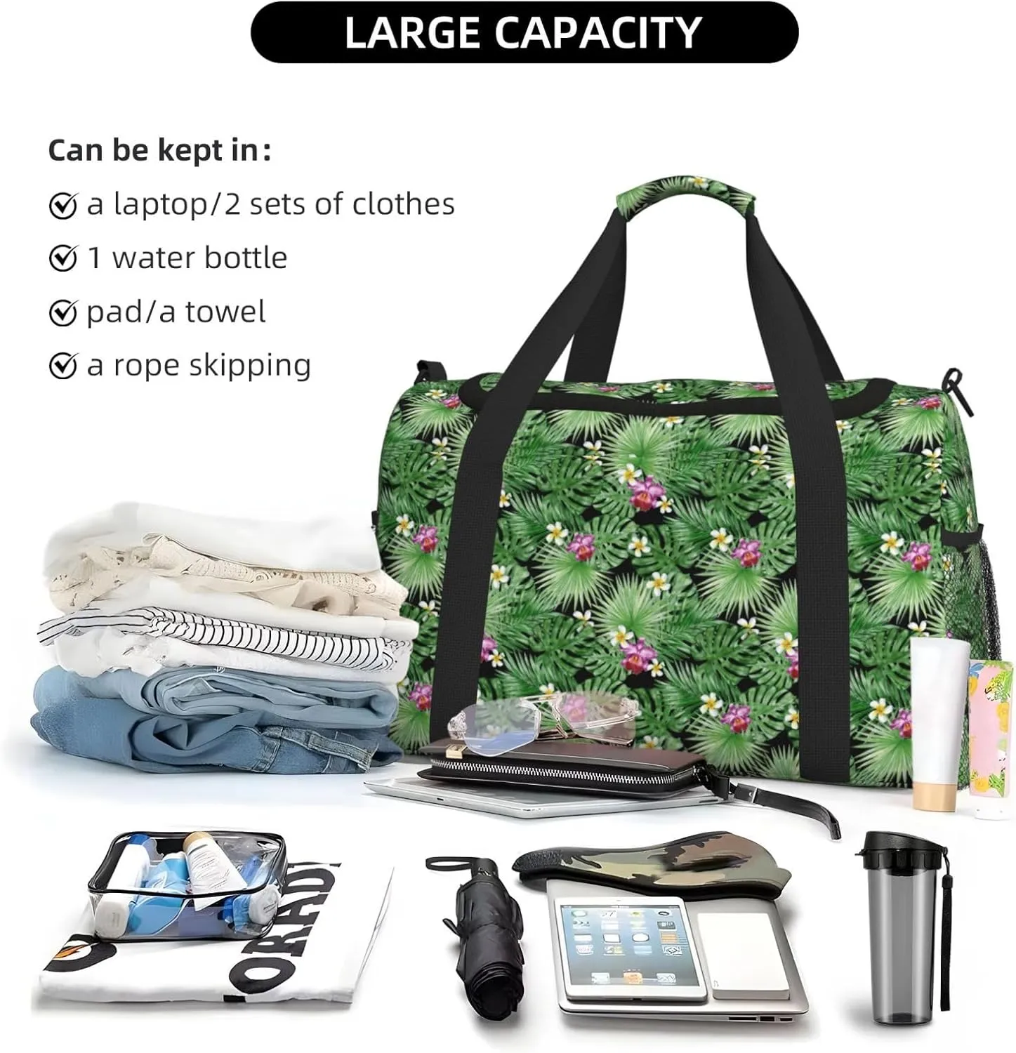 Green Summer Tropical Palm Leaves Pink Flowers Travel Weekender Overnight Bags Foldable Hand Travel Bag Sport Gym Duffel Bag For Men Women